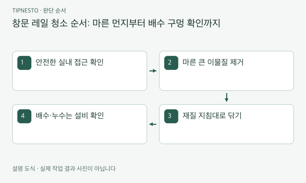 창문 레일 청소 순서: 마른 먼지부터 배수 구멍 확인까지