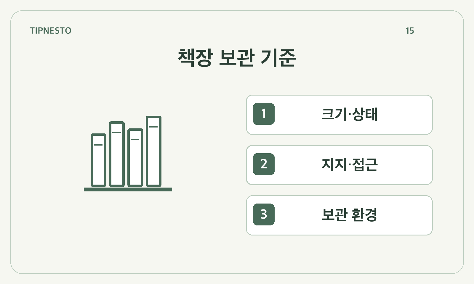 책장 보관 기준: 크기·상태 → 지지·접근 → 보관 환경
